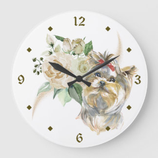 Grande Horloge Ronde Bouquet de rose blanche Yorkshire Terrier Chien