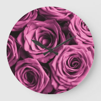 Grande Horloge Ronde Bouquet de roses violets, fleurs fleuris arrière -