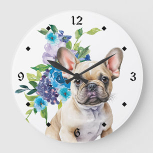 Grande Horloge Ronde Bouquet Floral Bleu Bulldog Français