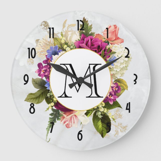 Grande Horloge Ronde Bouquet floral moderne d'aquarelle rose et blanche (Recto)