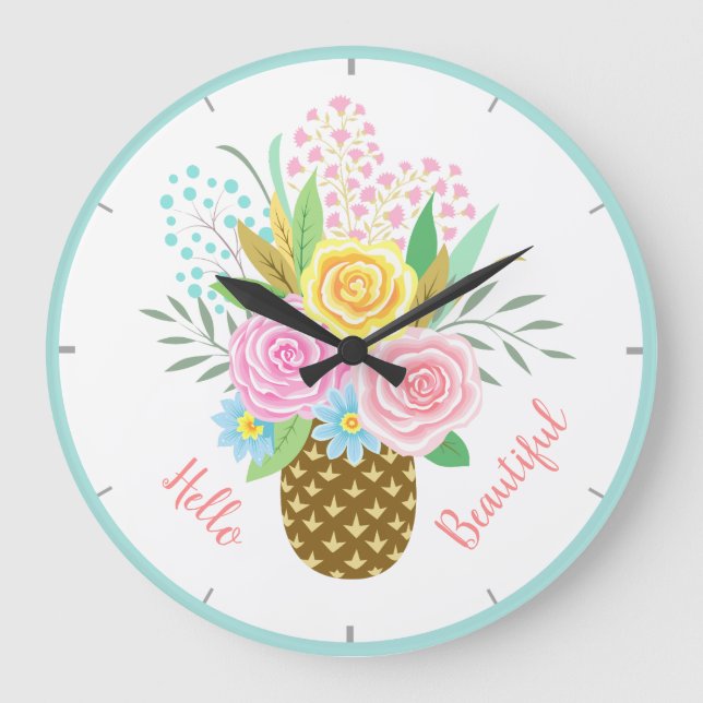 Grande Horloge Ronde Bouquet Rose Ananas Bonjour Belle rose Jaune Rose (Recto)