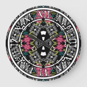 Grande Horloge Ronde Bouquets de fleurs roses sur une géométrie