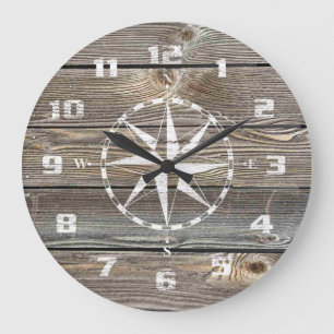 Grande Horloge Ronde Boussole nautique rustique en bois d'aspect authen