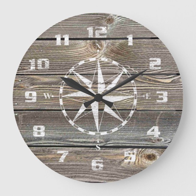 Grande Horloge Ronde Boussole nautique rustique en bois d'aspect authen (Recto)