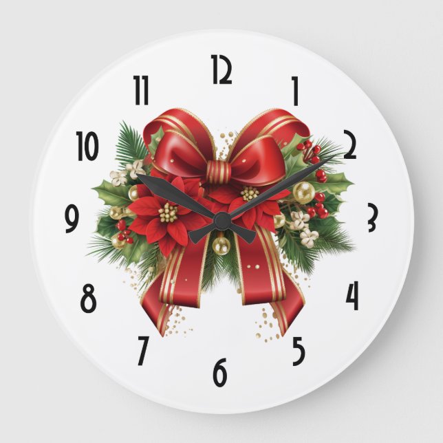Grande Horloge Ronde Bow de Noël Festif Rouge et Or (Recto)