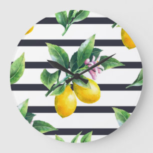 Grande Horloge Ronde Branche de citron : lisière d'aquarelle d'agrumes