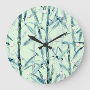 Grande Horloge Ronde Branches, blanc, vert, leaves, bamboo