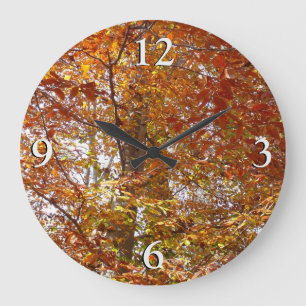 Grande Horloge Ronde Branches de feuilles orange Automne Nature