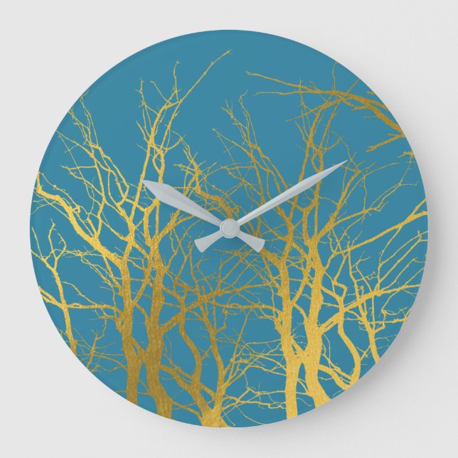 Grande Horloge Ronde Branches Gold Tree Motif Arrière - plan bleu (Recto)