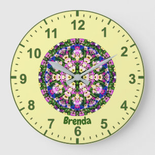 Grande Horloge Ronde BRENDA ~ Pansies miniatures multicolores Jaune