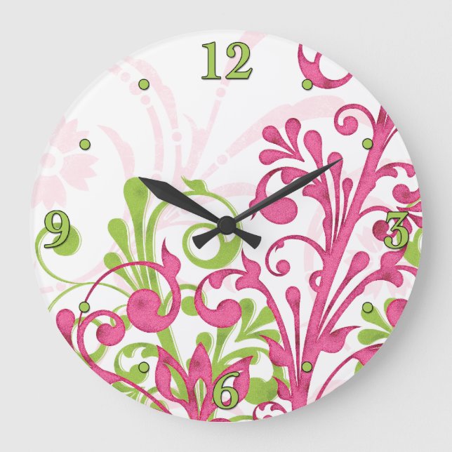 Grande Horloge Ronde Bright Pink, Green, White Floral Wall Clock (Recto)