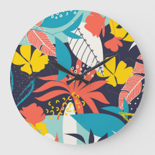 Grande Horloge Ronde Bright Tropical Feuilles Dark Motif