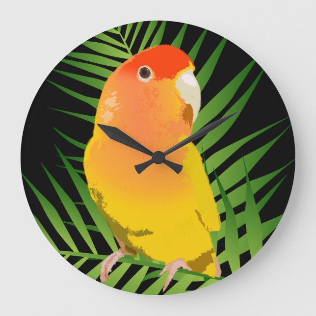 Grande Horloge Ronde Bright Yellow Lovebird Parrot Green Leaves (Recto)
