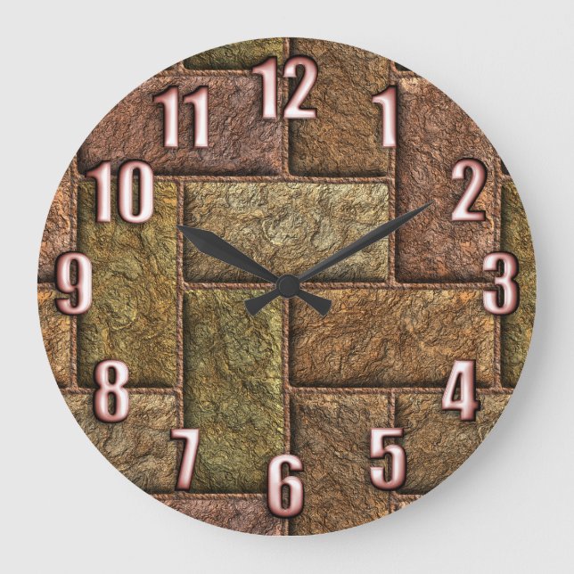 Grande Horloge Ronde Briques numériques brillantes motif bronze et cuiv (Recto)