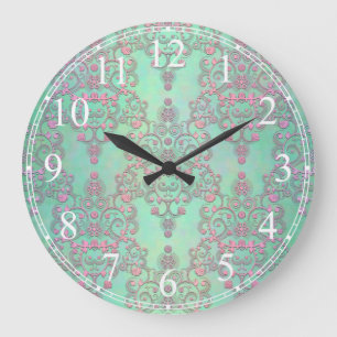 Grande Horloge Ronde Broderie florale en damas rose sur fond vert menth