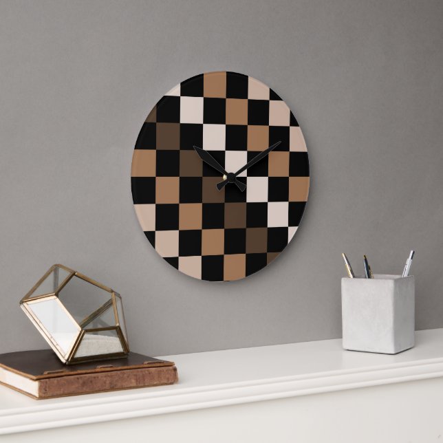 Grande Horloge Ronde Brown À damiers noir En vichy Motif (Bureau)
