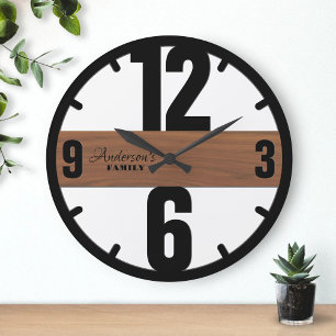 Grande Horloge Ronde Brown bois personnalisé Nom de famille Élégant min