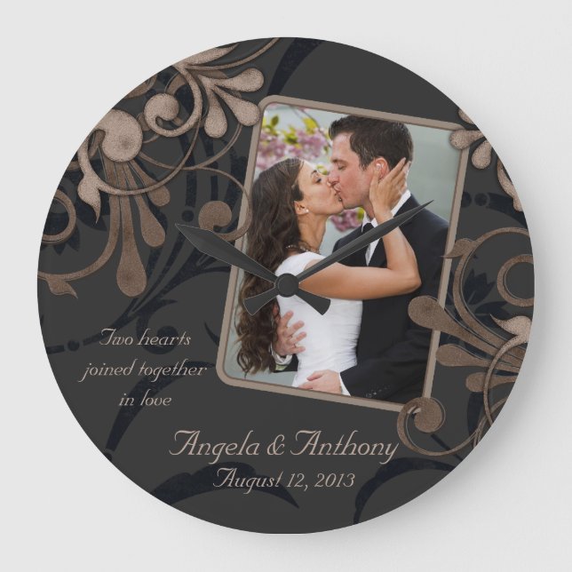 Grande Horloge Ronde Brown noir Floral Modèle photo personnalisé (Recto)
