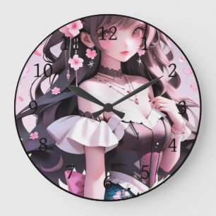 Grande Horloge Ronde Brown Sirène Haired aux fleurs roses dans ses chev