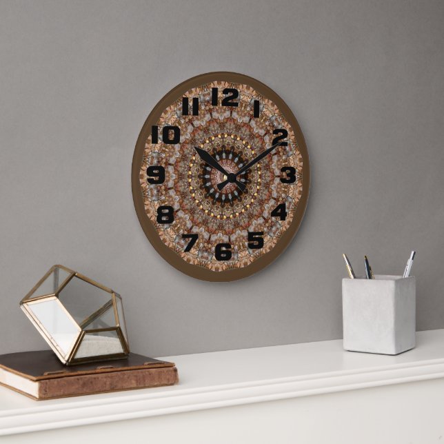 Grande Horloge Ronde Browns naturels Mandala Motif (Bureau)
