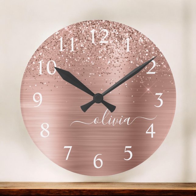 Grande Horloge Ronde Brushed metal rose Gold Pink Glitter Monogram (Créateur téléchargé)