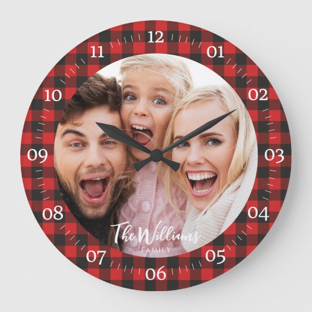 Grande Horloge Ronde Buffle photo de famille plaid avec script moderne (Recto)