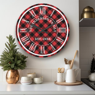Grande Horloge Ronde Buffle Rouge Et Noir Plaid Chiffres Romains Rustiq