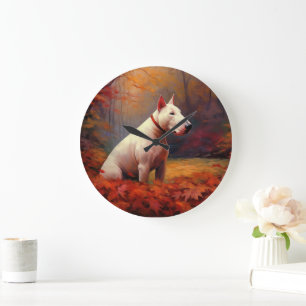 Grande Horloge Ronde Bull Terrier à l'automne Leaves automne Inspire