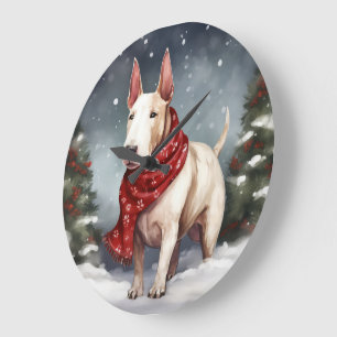 Grande Horloge Ronde Bull Terrier Chien à Noël de neige