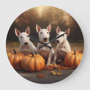 Grande Horloge Ronde Bull Terrier Chiot Automne Citrouille de plaisir