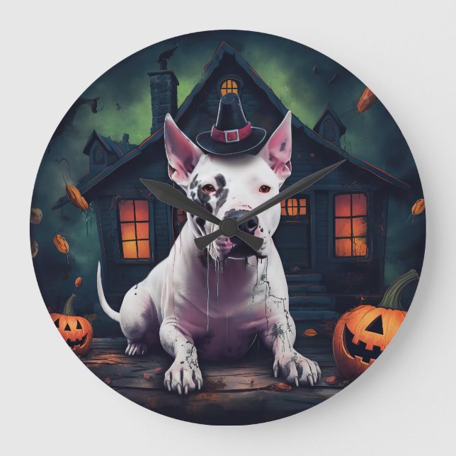 Grande Horloge Ronde Bull Terrier Citrouille Halloween effroi (Recto)