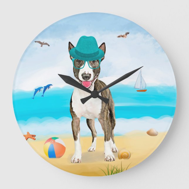 Grande Horloge Ronde Bull Terrier Dog sur la plage (Recto)