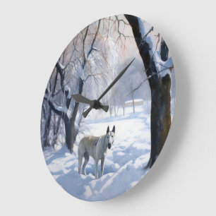 Grande Horloge Ronde Bull Terrier Laisser neiger Noël