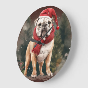 Grande Horloge Ronde Bulldog à Noël de neige
