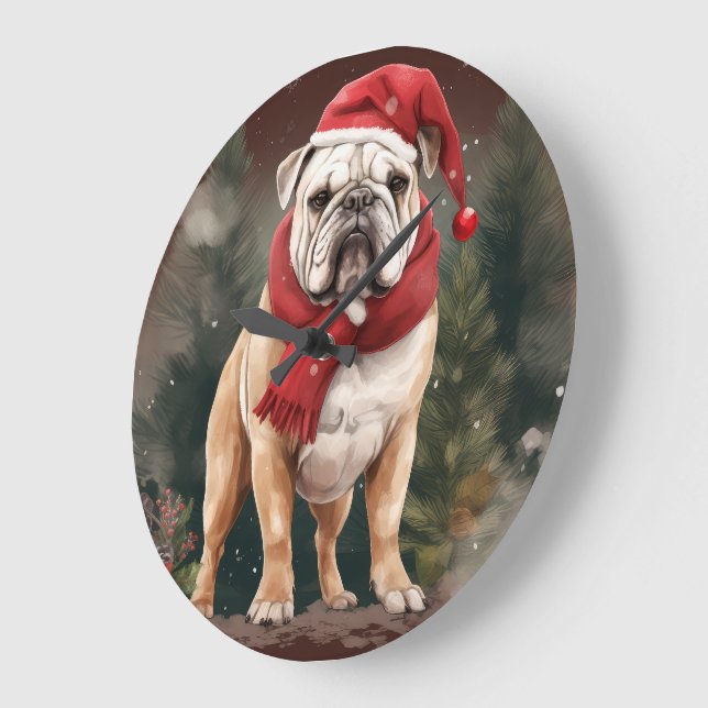 Grande Horloge Ronde Bulldog à Noël de neige (Angle)