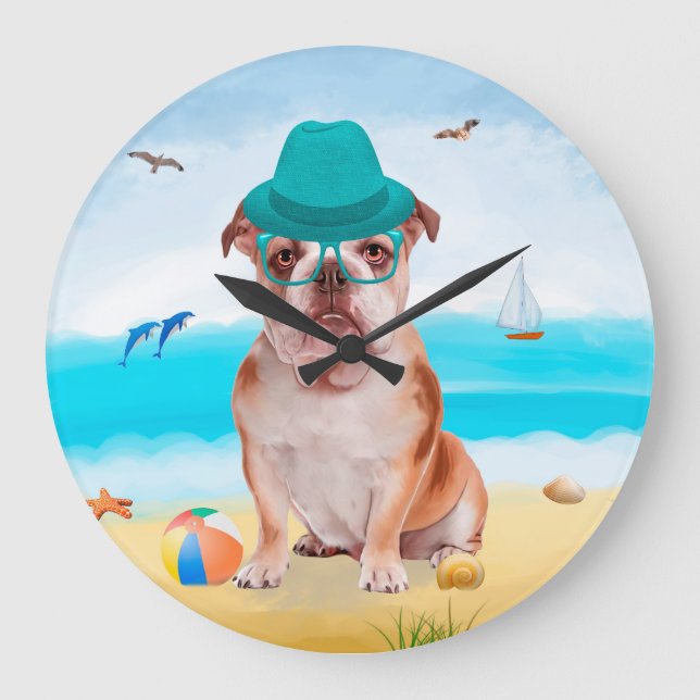 Grande Horloge Ronde Bulldog anglais sur la plage (Recto)