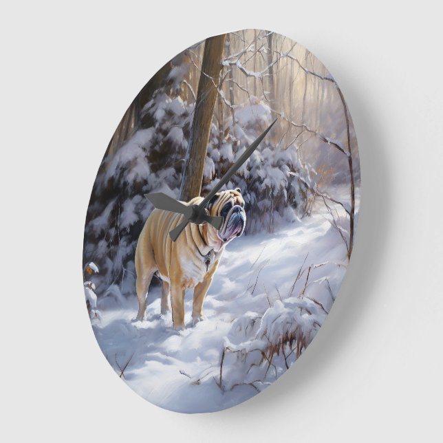 Grande Horloge Ronde Bulldog Qu'Il Neige Noël Brossé (Angle)