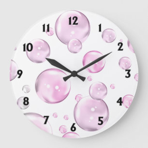Grande Horloge Ronde Bulles roses avec chiffres noirs