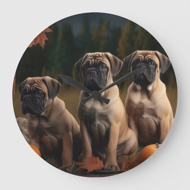 Grande Horloge Ronde Bullmastiff Chiot Automne Citrouille de plaisir (Recto)