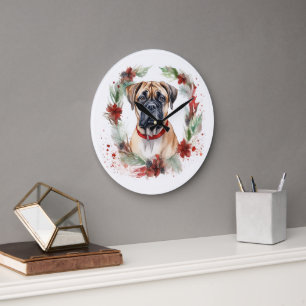 Grande Horloge Ronde Bullmastiff Noël Wreath Festive Pup