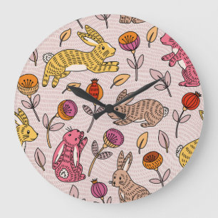 Grande Horloge Ronde Bunnies colorés : Joli Vintage Floral.