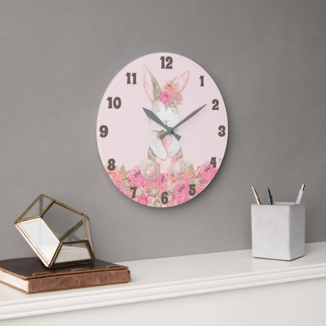 Grande Horloge Ronde Bunny rose Floral Enfants Chambre Baby Nursery (Bureau)