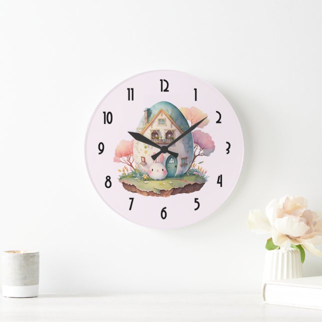 Grande Horloge Ronde Bunny Rose & Oeuf Formé Maison Kawaii Style (Maison)