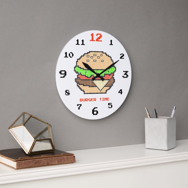 Grande Horloge Ronde Burger Time – Pixel Art Design (Bureau)