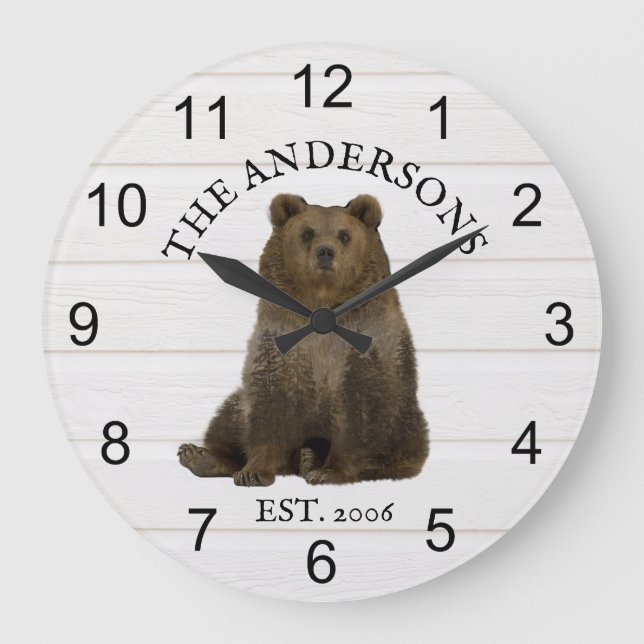 Grande Horloge Ronde Cabin Bears Forest wood Personalized Mountain (Recto)