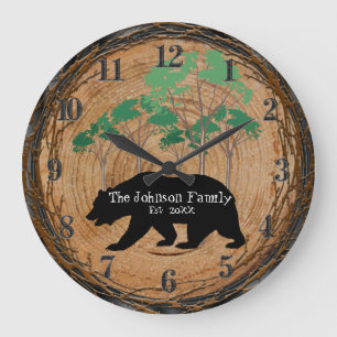 Grande Horloge Ronde Cabine en bois avec ours noir