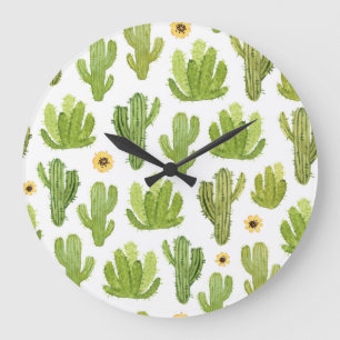 Grande Horloge Ronde Cactus du désert vert : Aquarelle transparente