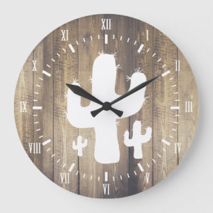 Grande Horloge Ronde Cactus et bois blancs de Faux