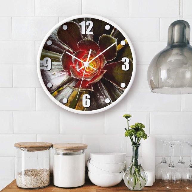 Grande Horloge Ronde Cactus orange noir succulente photo moderne gras (Créateur téléchargé)