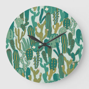 Grande Horloge Ronde Cactus Vert texture Vintage répétée